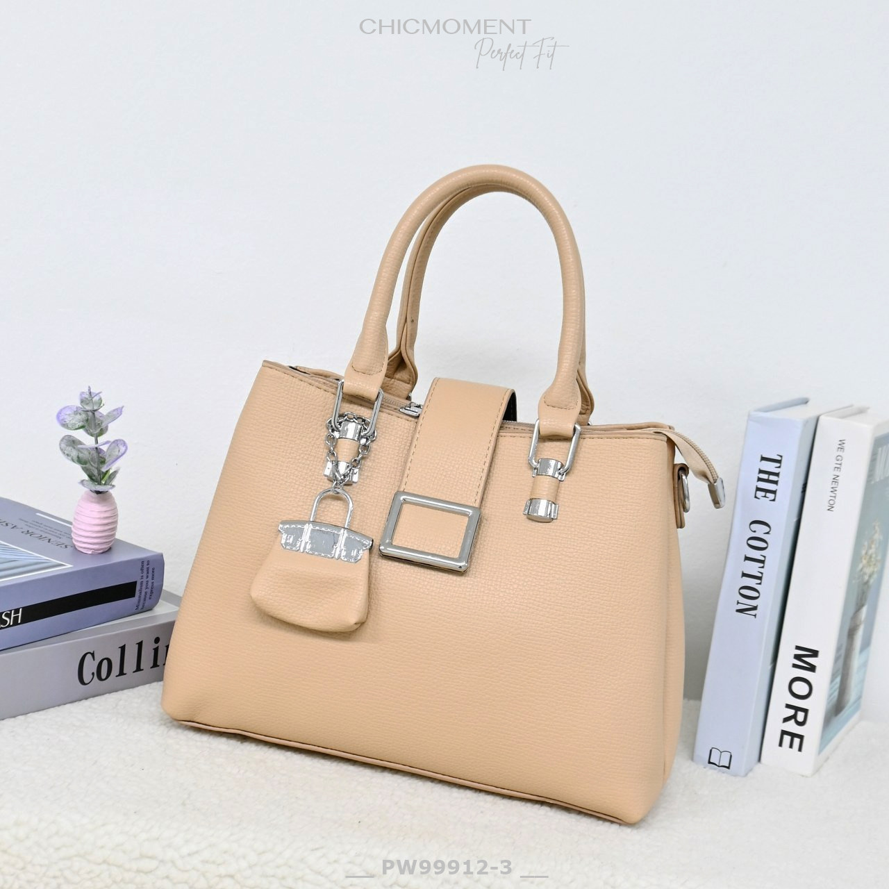 PW-99912-3 สีแอพพลิคอท ราคาส่ง330ปลีก430บาท กระเป๋าสะพายทรงโท้ท3ช่องแยก